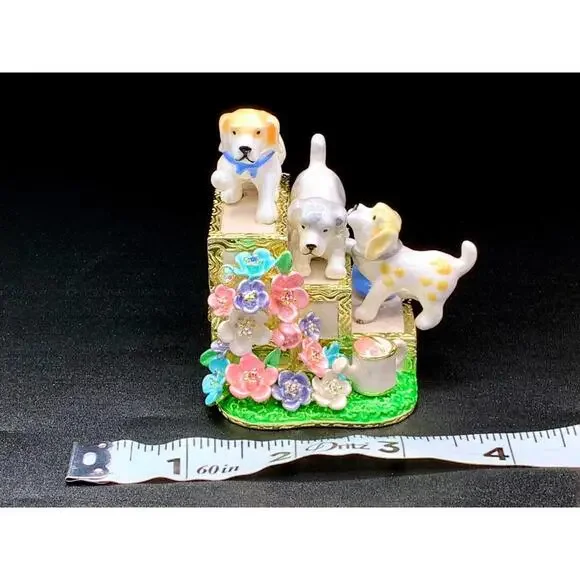 Puppy Dog Trinket Box Enamel Hinged Floral Garden Keepsake Figurine